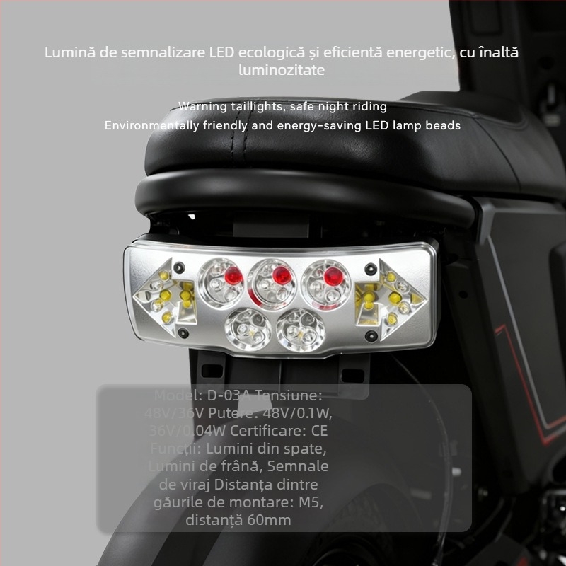 Lumina de coadă LED două în unu pentru bicicletă electrică – pliabilă, model D-03a, 3 LED, 36-72V, durată de viață 30000h