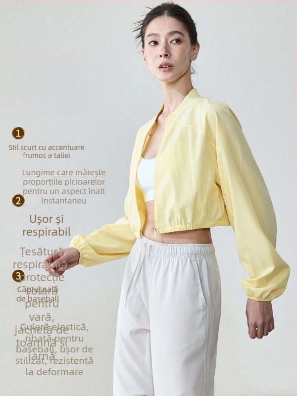 Cardigan scurt sport cu fermoar, croială lejeră, mâneci lungi, material respirabil, poliester 91% / spandex 9%