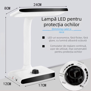 Lampă de birou DP663 cu încărcare USB, reglaj lumină rece/căldură și intensitate, baterie litiu încorporată, CRI ≥ 90, lampă de studiu cu protecție pentru ochi
