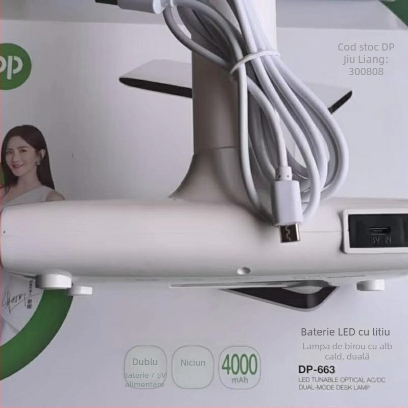 Lampă de birou DP663 cu încărcare USB, reglaj lumină rece/căldură și intensitate, baterie litiu încorporată, CRI ≥ 90, lampă de studiu cu protecție pentru ochi