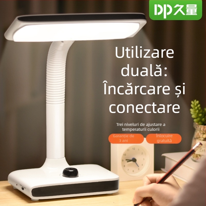 Lampă de birou DP663 cu încărcare USB, reglaj lumină rece/căldură și intensitate, baterie litiu încorporată, CRI ≥ 90, lampă de studiu cu protecție pentru ochi