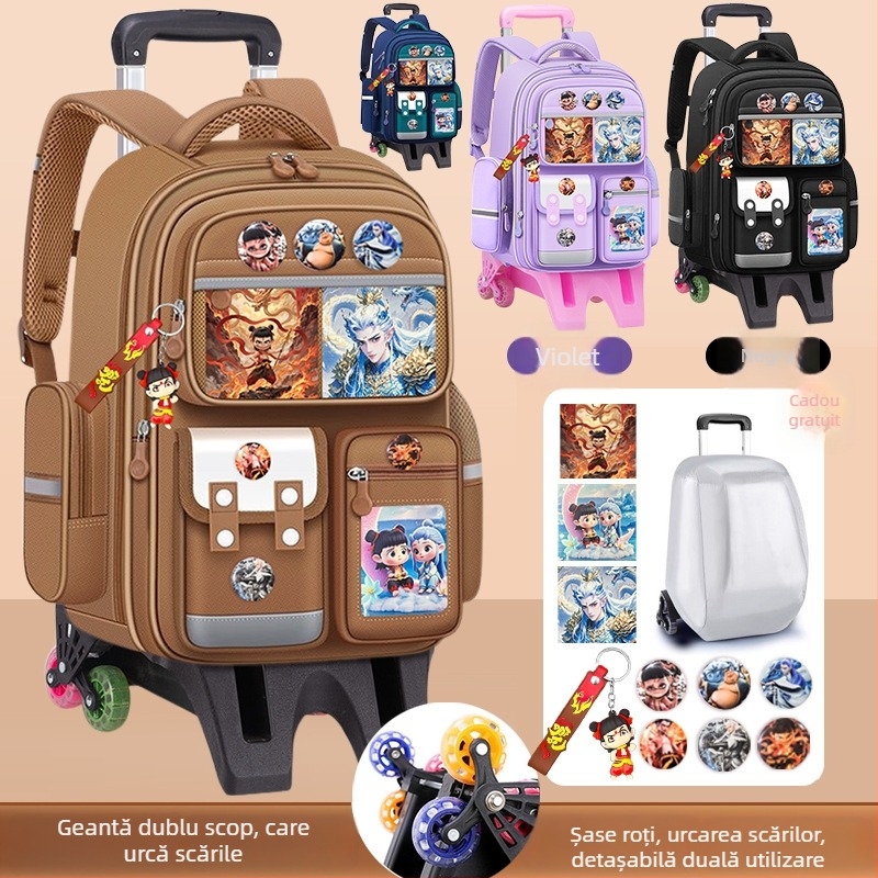 Geantă școlară cu roți pentru copii – pânză, impermeabilă, ușoară, protecție a coloanei vertebrale, bretele curbate