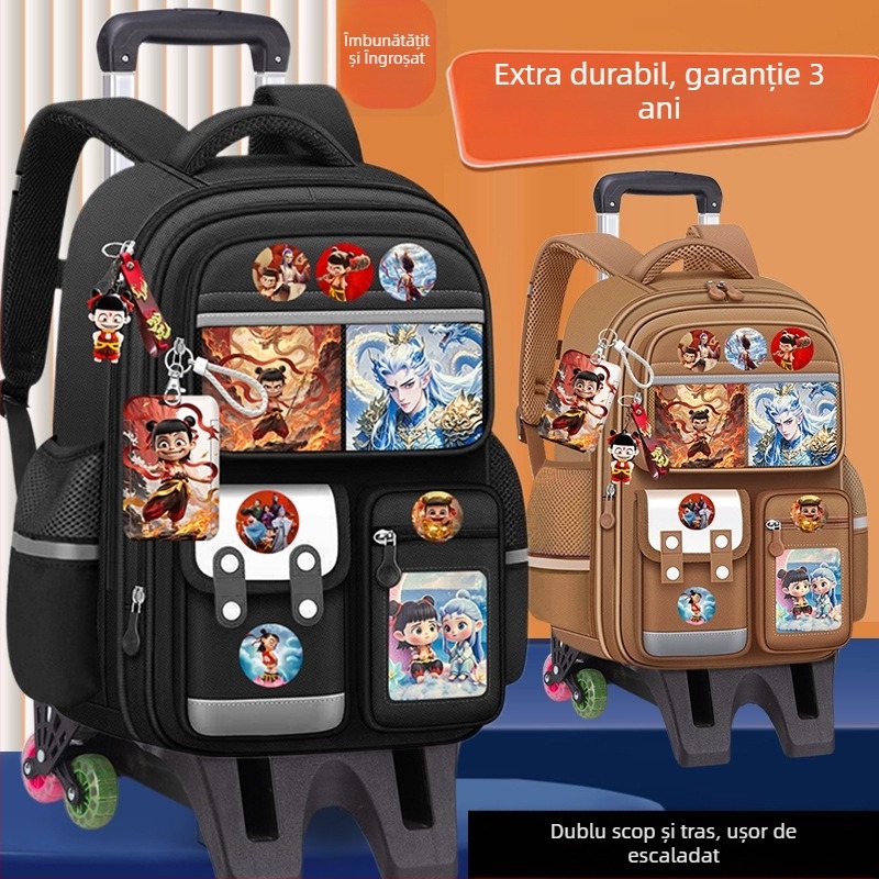 Geantă școlară cu roți pentru copii – pânză, impermeabilă, ușoară, protecție a coloanei vertebrale, bretele curbate