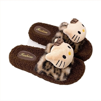 Papuci de femei cu imprimeu leopard și blană artificială | Stil desen animat, talpă EVA 3-5 cm, antiderapante, mențin căldura