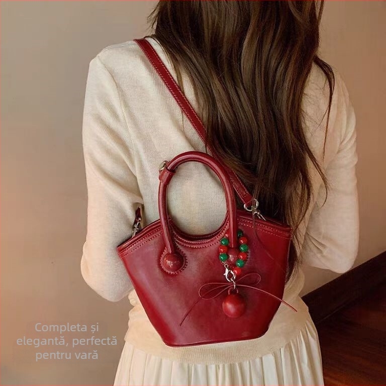 Geantă bucket din PU cu fermoar, stil urban minimalist, buzunare interioare pentru telefon și card de identificare