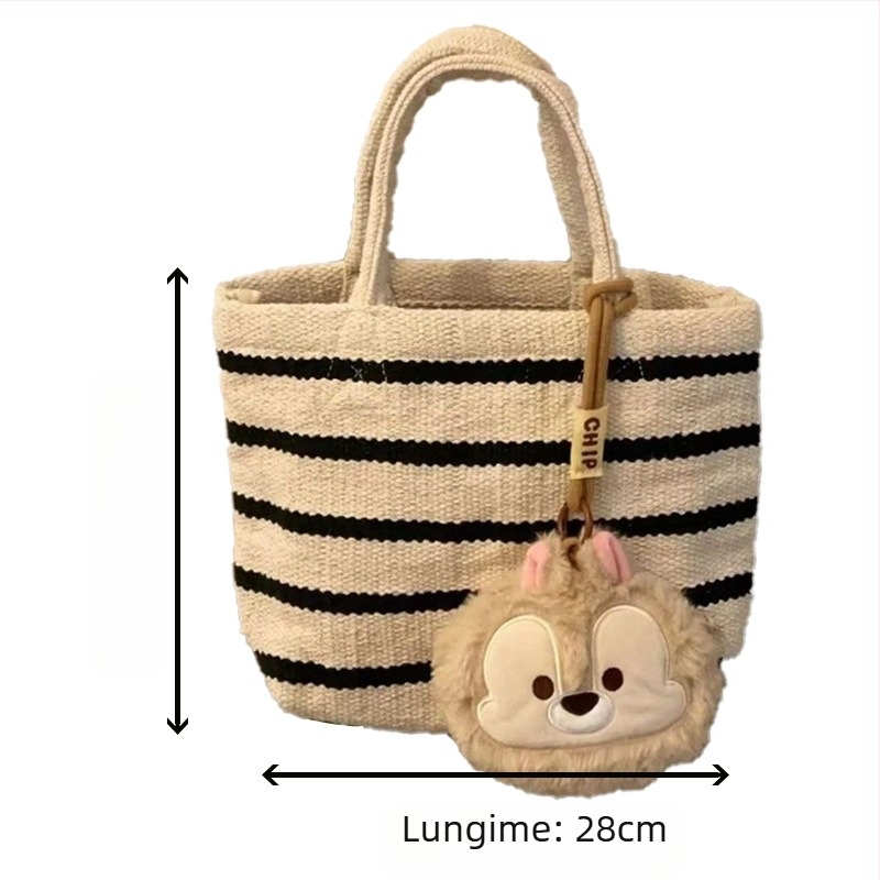 Geantă Tote tricotată, din pânză dungată, formă rotundă, deschidere deschisă, căptușeală nylon, buzunar intern patch, curele duble