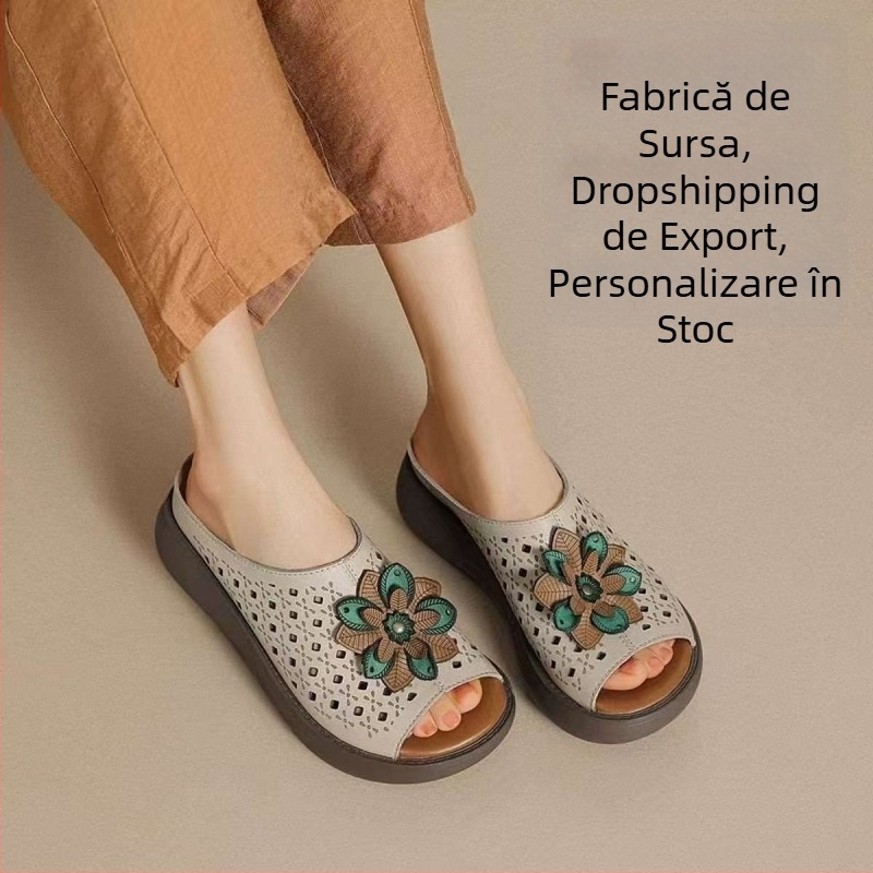 Papuci de vară pentru femei, tip I, vârf în formă de pește, partea superioară din piele artificială, căptușeală PU, talpă din spumă de cauciuc, stil vintage