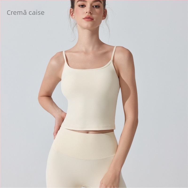 Top de yoga cu senzație nude, antibacterian, cu pernă pentru bust; sutien sport cu protecție la șocuri pentru antrenamente de înaltă intensitate; cupă 3/4, cupe subțiri modelate; bretele fixe; material principal: nylon 81%, căptușeală spandex 19%