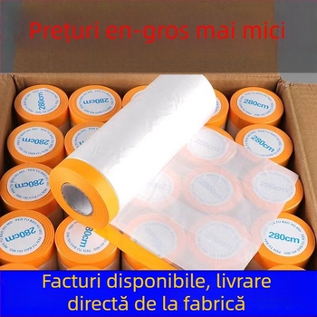Film de mascare protector pentru vopsire prin pulverizare, bază PE cu hârtie japoneză; protecție împotriva prafului pentru mașini și mobilier. Lățimi 55–450 cm, lungimi 6,5–20 m, transparență 80%, aderență puternică.
