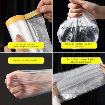 Film de mascare protector pentru vopsire prin pulverizare, bază PE cu hârtie japoneză; protecție împotriva prafului pentru mașini și mobilier. Lățimi 55–450 cm, lungimi 6,5–20 m, transparență 80%, aderență puternică.