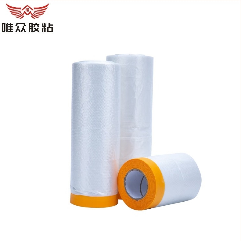 Film de mascare protector pentru vopsire prin pulverizare, bază PE cu hârtie japoneză; protecție împotriva prafului pentru mașini și mobilier. Lățimi 55–450 cm, lungimi 6,5–20 m, transparență 80%, aderență puternică.