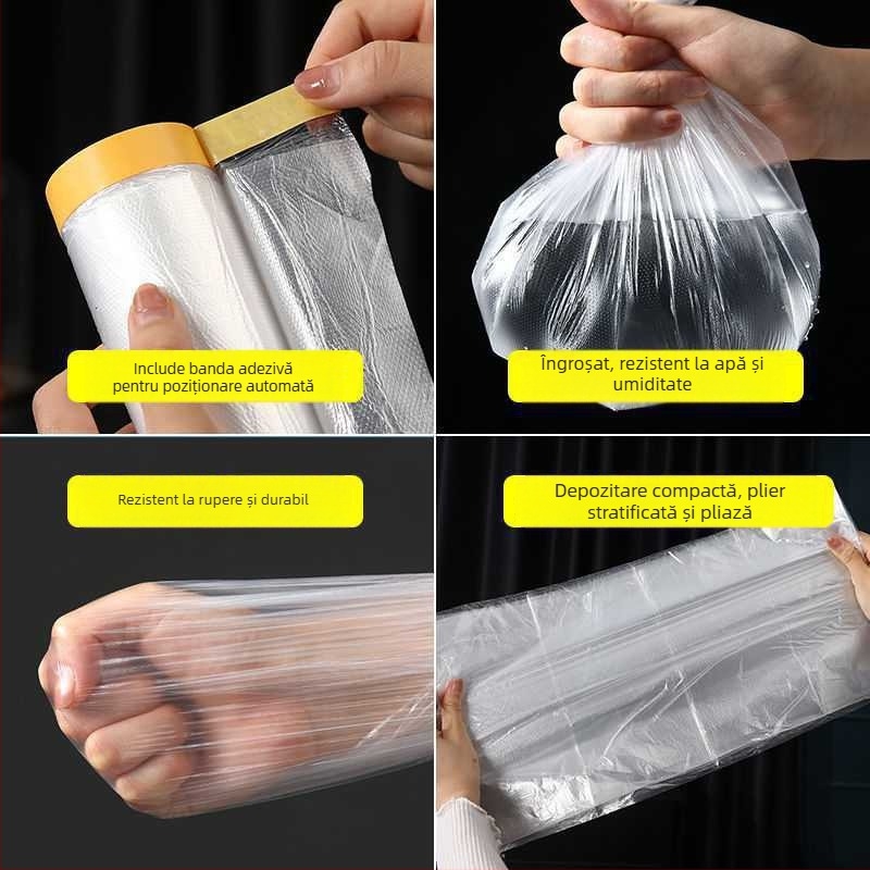 Film de mascare protector pentru vopsire prin pulverizare, bază PE cu hârtie japoneză; protecție împotriva prafului pentru mașini și mobilier. Lățimi 55–450 cm, lungimi 6,5–20 m, transparență 80%, aderență puternică.