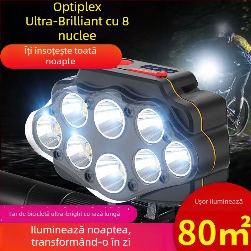 Far de bicicletă cu încărcare manuală, rotire la 360°, rază 100–200 m, putere 20 W, baterie 1200 mAh