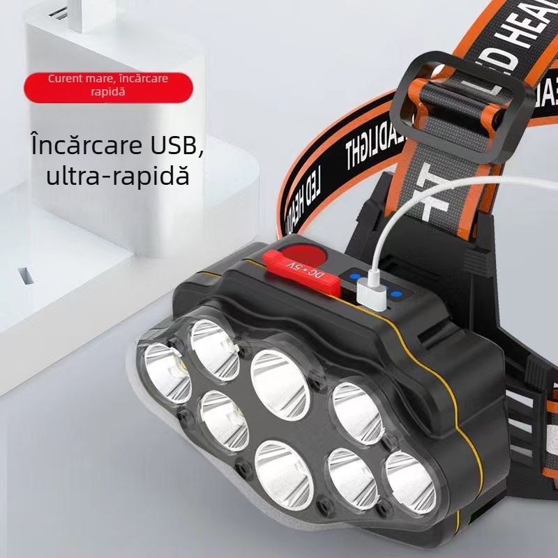 Far de bicicletă cu încărcare manuală, rotire la 360°, rază 100–200 m, putere 20 W, baterie 1200 mAh
