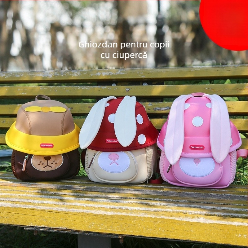 Rucsac pentru copii, cu motif ciupercă și urechi lungi, material diving, respirabil și ultraușor, curele cu pernă de aer, unisex