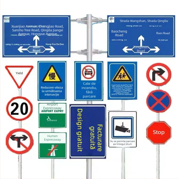 Semn indicativ din aluminiu pentru autostradă, cu stâlp unic și braț cantilever, personalizare disponibilă, folie reflectivă de nivel publicitar