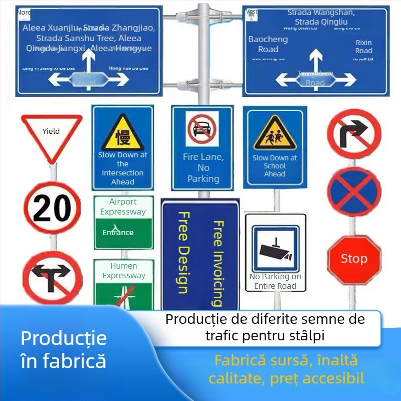 Semn indicativ din aluminiu pentru autostradă, cu stâlp unic și braț cantilever, personalizare disponibilă, folie reflectivă de nivel publicitar