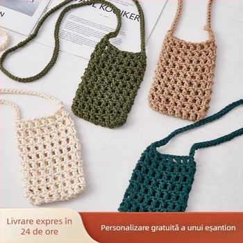 Geantă de telefon țesută manual din sfoară de bumbac — deschidere deschisă, formă pătrată verticală, unisex, Hao Kun