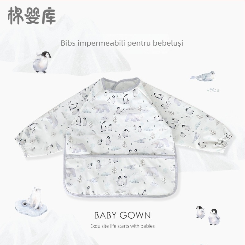 Prosop de masă pentru bebeluși cu mâneci lungi, impermeabil, 100% poliester, model desenat manual, pentru toate sezoanele, potrivit pentru sugari și copii 1–3 ani, siguranță clasă A