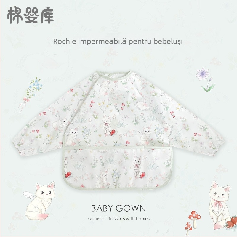 Prosop de masă pentru bebeluși cu mâneci lungi, impermeabil, 100% poliester, model desenat manual, pentru toate sezoanele, potrivit pentru sugari și copii 1–3 ani, siguranță clasă A