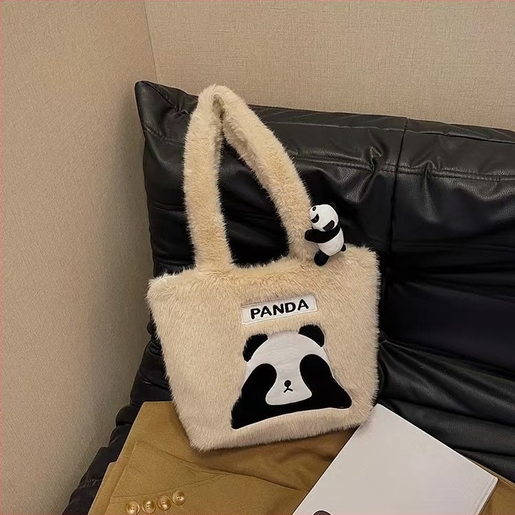 Geantă tote din pluș Panda, stil proaspăt și drăguț, închidere cu fermoar, formă verticală pătrată, buzunare interioare pentru telefon și ID