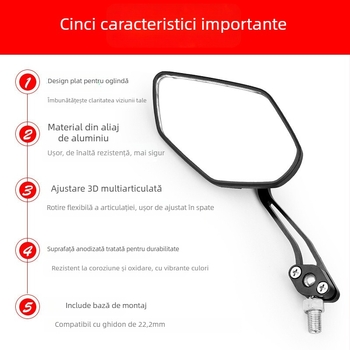 Oglindă retrovizoare pentru bicicletă, rotație de 360°, aliaj de aluminiu, oglindă din sticlă HD, reflector plat