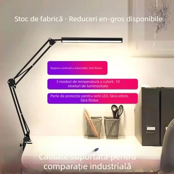 Lampa de birou LED cu braț lung pliat, prindere cu clemă, reglare în trei nuanțe, protecție a ochilor, alimentare USB, abajur metalic, întrerupător cu buton, CE