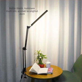 Lampa de birou LED cu braț lung pliat, prindere cu clemă, reglare în trei nuanțe, protecție a ochilor, alimentare USB, abajur metalic, întrerupător cu buton, CE