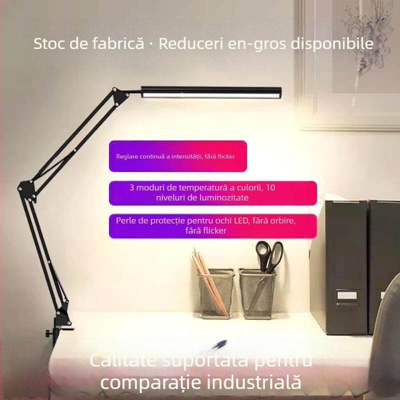 Lampa de birou LED cu braț lung pliat, prindere cu clemă, reglare în trei nuanțe, protecție a ochilor, alimentare USB, abajur metalic, întrerupător cu buton, CE