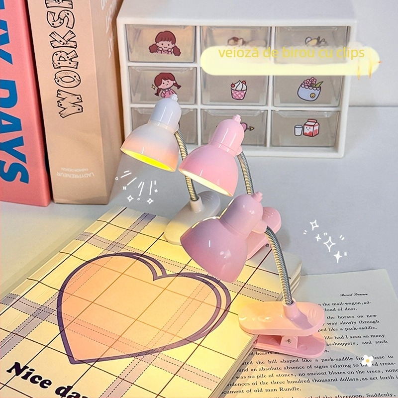 Lampă LED mini clip pentru noptiere — lumină caldă pentru citit, protecție pentru ochi, pentru cămin/dormitor (baterie litiu încorporată; tensiune ≤36V; abajur din plastic; întrerupător cu buton)