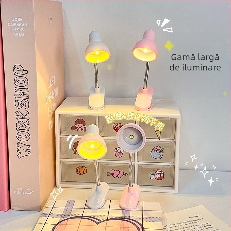 Lampă LED mini clip pentru noptiere — lumină caldă pentru citit, protecție pentru ochi, pentru cămin/dormitor (baterie litiu încorporată; tensiune ≤36V; abajur din plastic; întrerupător cu buton)
