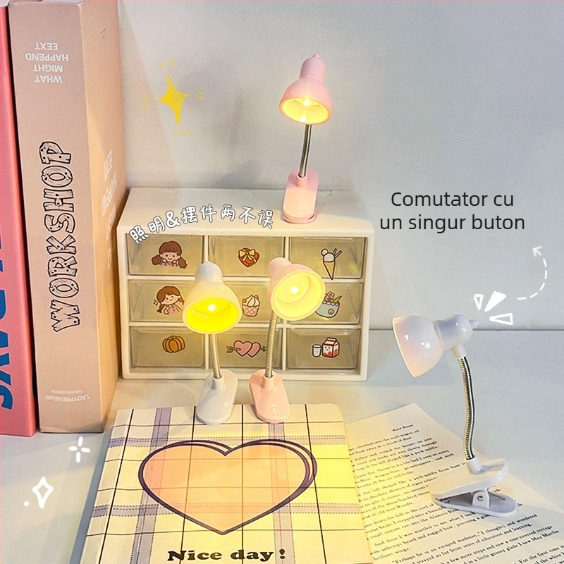 Lampă LED mini clip pentru noptiere — lumină caldă pentru citit, protecție pentru ochi, pentru cămin/dormitor (baterie litiu încorporată; tensiune ≤36V; abajur din plastic; întrerupător cu buton)
