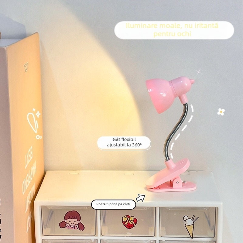 Lampă LED mini clip pentru noptiere — lumină caldă pentru citit, protecție pentru ochi, pentru cămin/dormitor (baterie litiu încorporată; tensiune ≤36V; abajur din plastic; întrerupător cu buton)