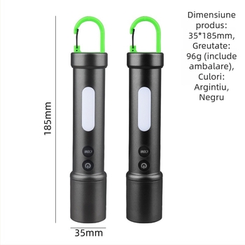 Lampă LED cu semnalizare pentru exterior, avertizare de urgență, iluminare pentru camping și muncă, reîncărcabilă cu bancă de energie încorporată, breloc, 5W, rază 200–500 m