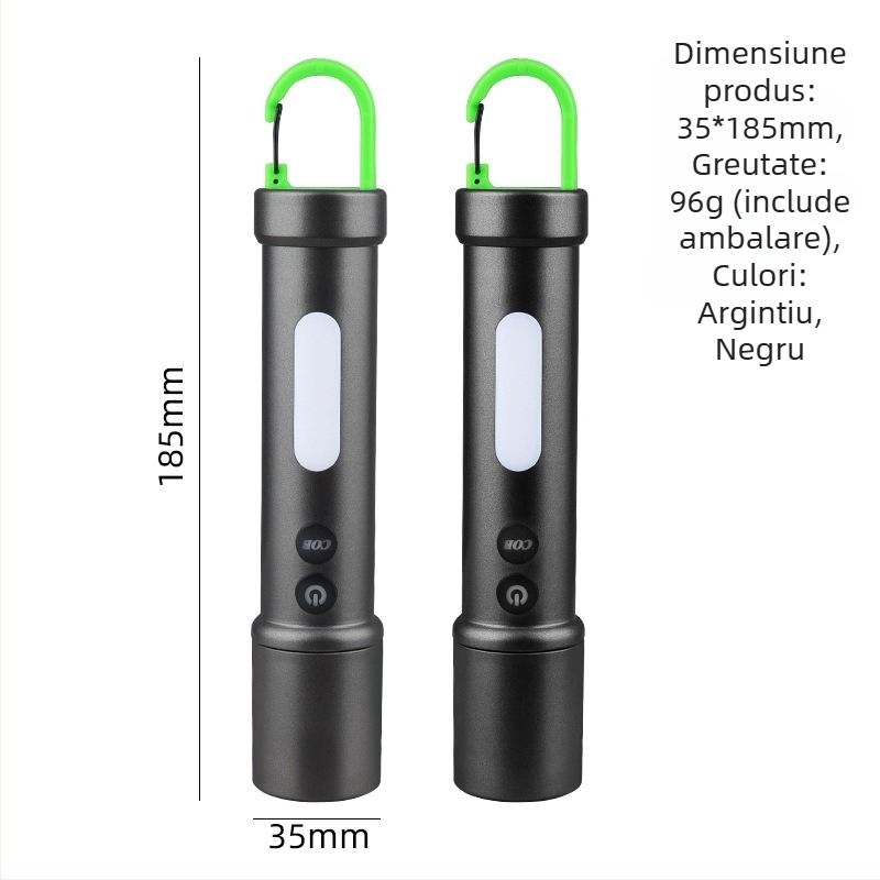 Lampă LED cu semnalizare pentru exterior, avertizare de urgență, iluminare pentru camping și muncă, reîncărcabilă cu bancă de energie încorporată, breloc, 5W, rază 200–500 m