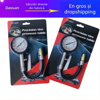 TYJ002 Manometru mecanic pentru presiunea pneurilor, mic, cu furtun lung, 0–100 psi, busolă și funcție de evacuare a aerului