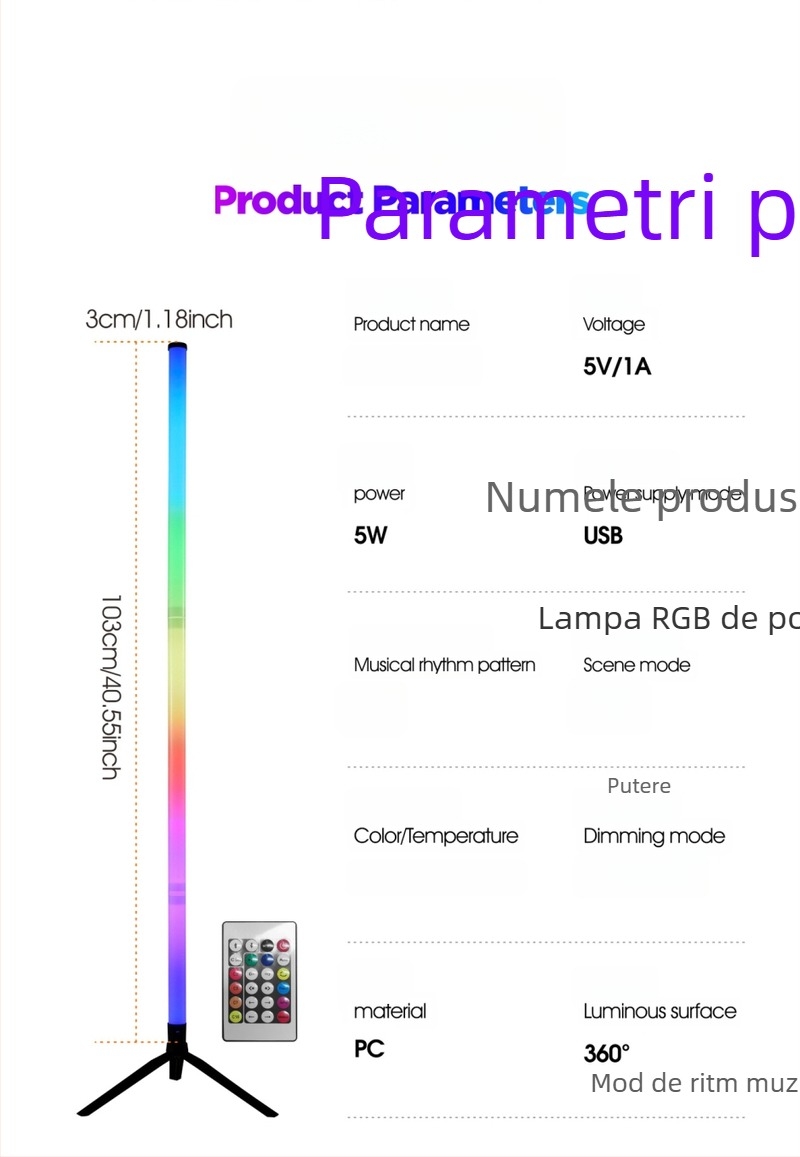 Lampa de podea LED, înălțime reglabilă, corp PC+PP, acoperire 5–10 m², telecomandă