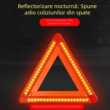 Semn LED de avertizare triunghiular pe trepied pentru mașină, material: benzenă + fier, alimentare cu baterii (3×5 baterii)