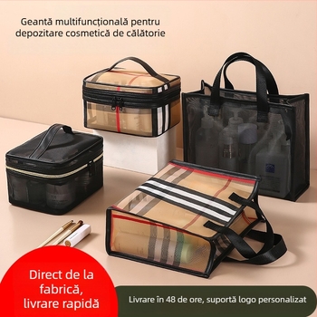 Geantă cosmetică din plasă de nailon, formă cubică, impermeabilă, separare uscat-umed, capacitate mare