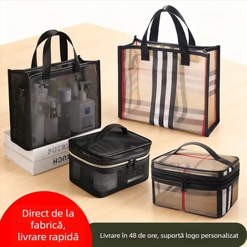 Geantă cosmetică din plasă de nailon, formă cubică, impermeabilă, separare uscat-umed, capacitate mare