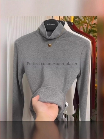 Tricou Ecocosy cu guler înalt, 95% bumbac, model monocrom, croială Slim