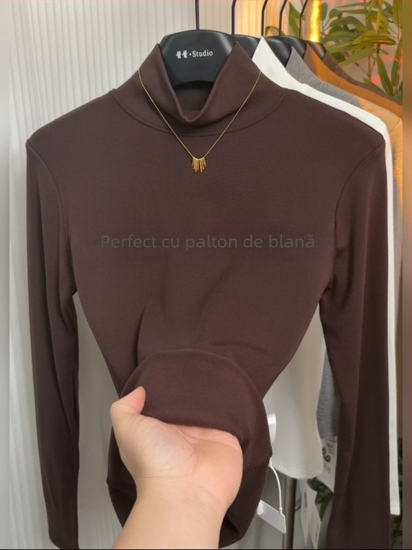 Tricou Ecocosy cu guler înalt, 95% bumbac, model monocrom, croială Slim