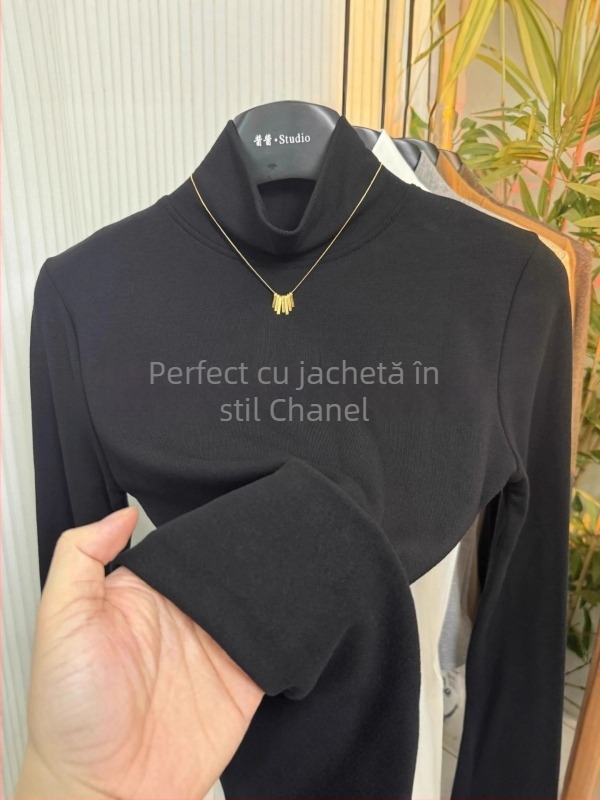 Tricou Ecocosy cu guler înalt, 95% bumbac, model monocrom, croială Slim