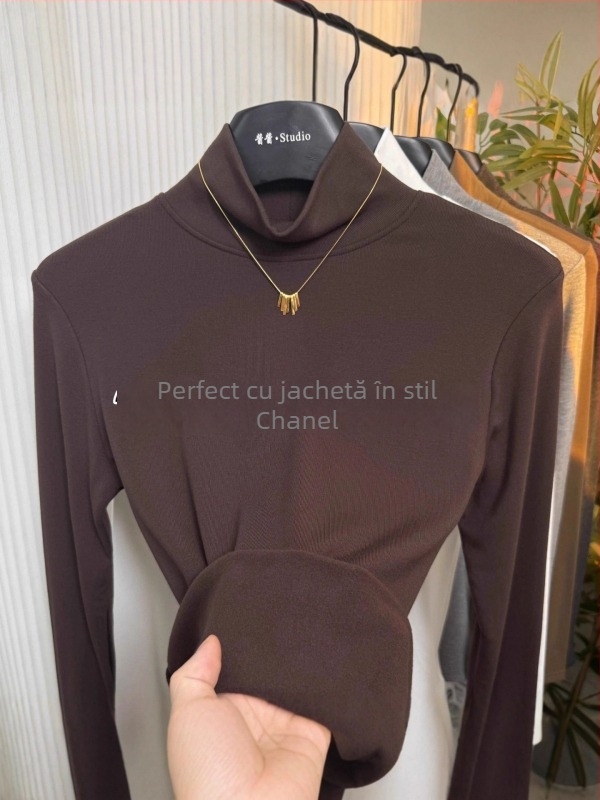 Tricou Ecocosy cu guler înalt, 95% bumbac, model monocrom, croială Slim