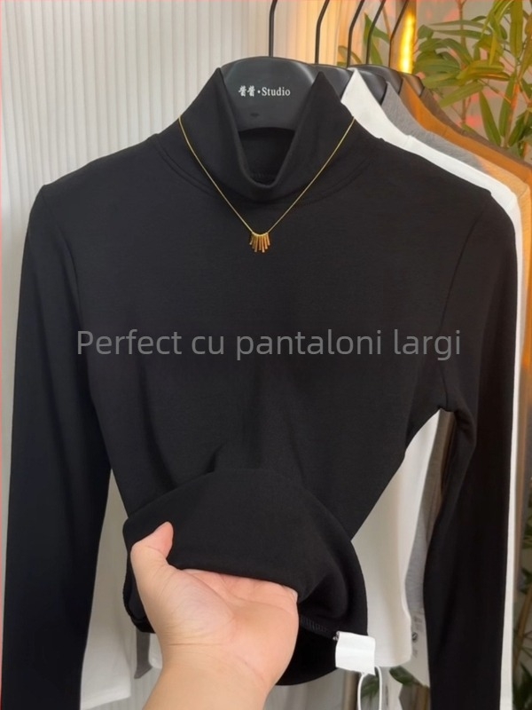 Tricou Ecocosy cu guler înalt, 95% bumbac, model monocrom, croială Slim