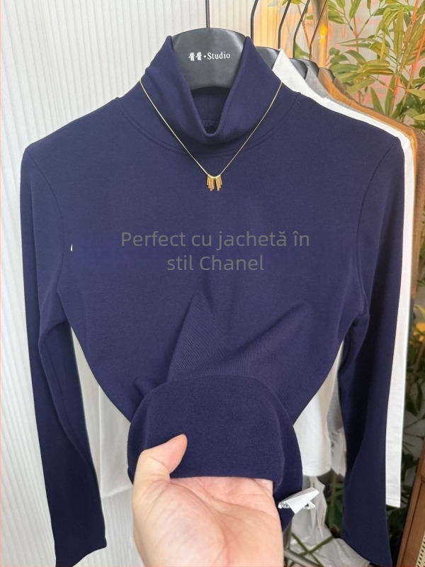 Tricou Ecocosy cu guler înalt, 95% bumbac, model monocrom, croială Slim