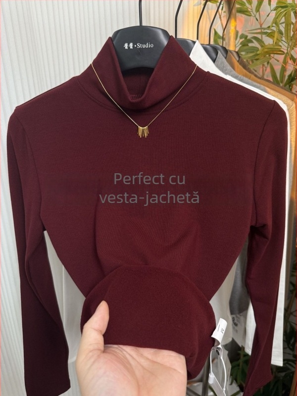 Tricou Ecocosy cu guler înalt, 95% bumbac, model monocrom, croială Slim