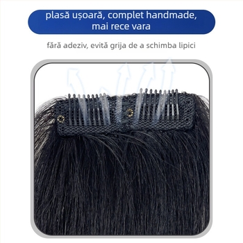 Parte de păr pentru bărbați din păr uman – țesută manual, frontal drept, pentru acoperirea tâmpei înalte; poate fi vopsită.