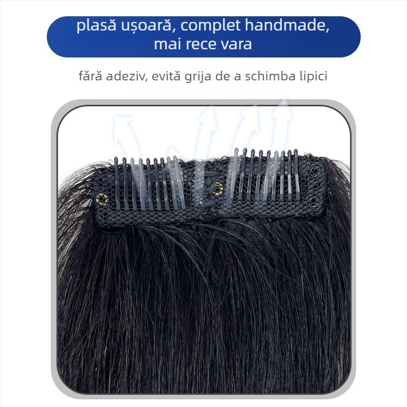 Parte de păr pentru bărbați din păr uman – țesută manual, frontal drept, pentru acoperirea tâmpei înalte; poate fi vopsită.