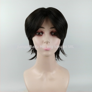 Perucă masculină cu păr scurt drept, fibră sintetică rezistentă la căldură, model 329, breton cu parte centrală, poate fi vopsită, cosplay disponibil